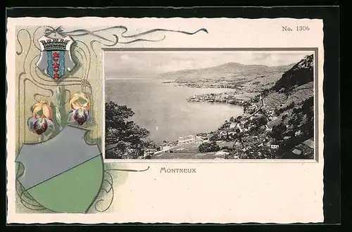 Passepartout-Lithographie Montreux, Panoramablick auf Ort und See, Wappen