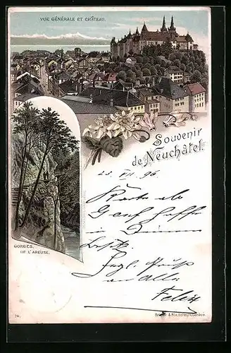 Lithographie Neuchatel, Vue générale et Chateau, Gorges de l`Areuse
