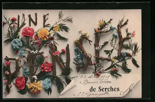 AK Serches, Une Pensee, Gesteck mit verschiedenen Blüten
