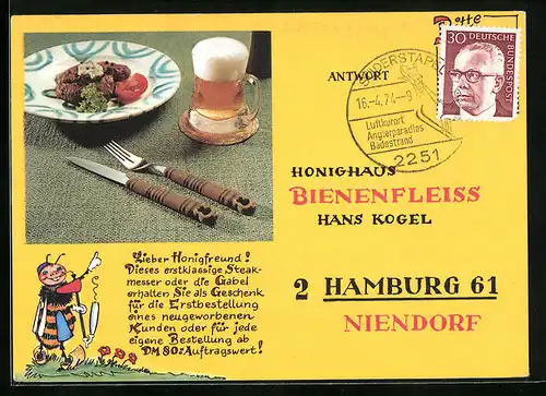 AK Niendorf /Hamburg, Honighaus Bienenfleiss von Hans Kogel, Bestellschein, Besteck als Werbegeschenk