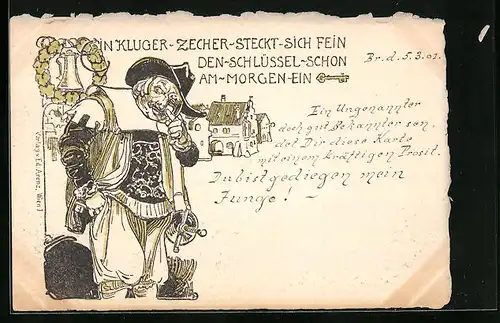 Künstler-AK Ein kluger Zecher steckt sich fein den Schlüssel schon am Morgen ein