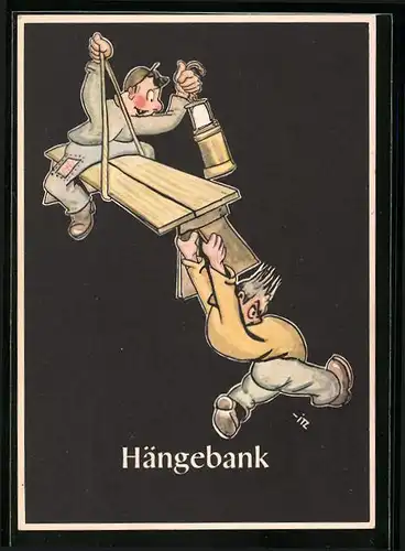 Künstler-AK sign. H. Moritz: bergmännische Begriffe karikiert aus Lustige Gezähekiste, Nr. 46: Hängebank