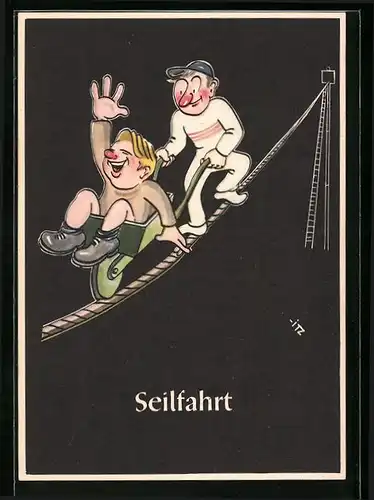 Künstler-AK sign. H. Moritz: bergmännische Begriffe karikiert aus Lustige Gezähekiste, Nr. 43: Seilfahrt