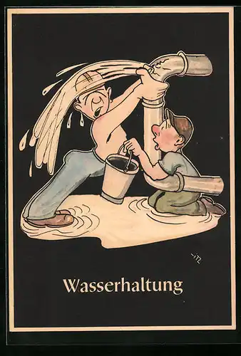 Künstler-AK sign. H. Moritz: bergmännische Begriffe karikiert aus Lustige Gezähekiste, Nr. 9: Wasserhaltung