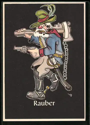 Künstler-AK sign. H. Moritz: bergmännische Begriffe karikiert aus Lustige Gezähekiste, Nr. 30: Rauber