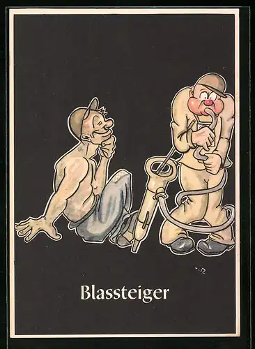 Künstler-AK sign. H. Moritz: bergmännische Begriffe karikiert aus Lustige Gezähekiste, Nr. 47: Blassteiger