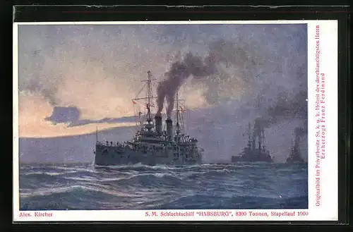Künstler-AK Alexander Kircher: Österr. Schlachtschiff SM Habsburg gibt Volldampf