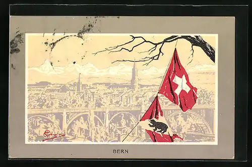 Künstler-AK Carlo Pellegrini: Bern, Totalansicht mit Schweizer Flagge