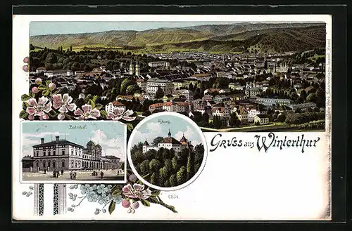 Lithographie Winterthur, Gesamtansicht, Bahnhof, Kyburg