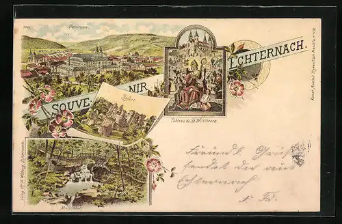 Lithographie Echternach, Müllerthal, Belfort, Panorama, Tableau de St. Willibrord