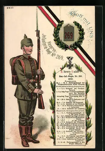 AK Soldat des Res.-Inf.-Regts. Nr. 269 in Uniform mit Pickelhaube, Ehrentafel