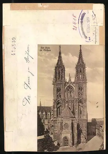 Fotografie Brück & Sohn Meissen, Ansicht Meissen, Blick auf den Dom, Rückseite mit Ansichtskarte als Belegstück