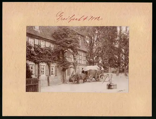 Fotografie Brück & Sohn Meissen, Ansicht Groitzsch, An der Mühle mit Pferdeplanwagen