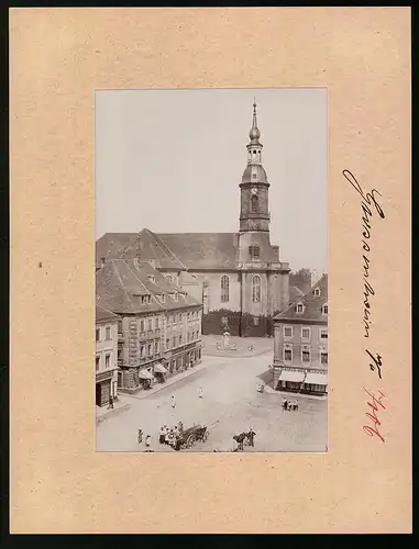 Fotografie Brück & Sohn Meissen, Ansicht Grossenhain, Marktplatz mit Germania Drogerie & Stadtkirche