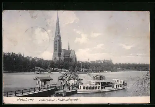 AK Hamburg-Uhlenhorst, Alsterpartie Kuhmühlenteich mit Kirche