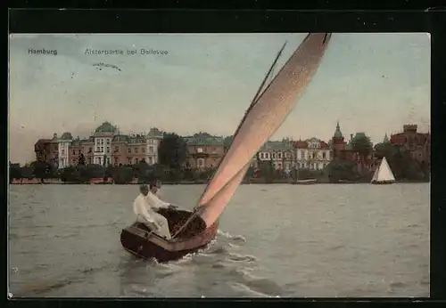 AK Hamburg-Winterhude, Alsterpartie bei Bellevue mit Segelboot