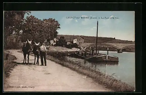 AK Charly-sur-Marne, Treidelndes Pferdegespann mit Binnenschiff