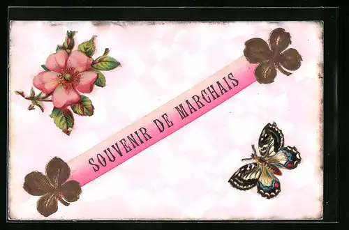 Oblaten-AK Marchais, Souvenir mit aufgeklebtem Blumen- und Kleeblattdekor