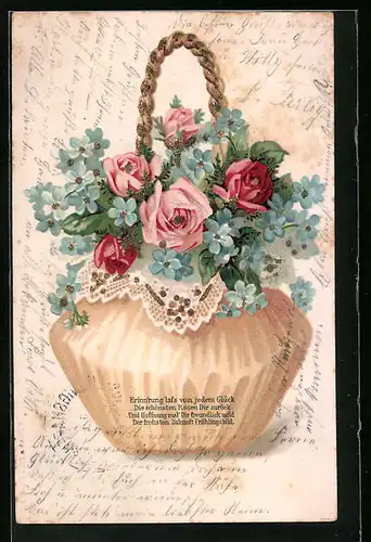 Präge-AK Korb voller Rosen und Vergissmeinnicht