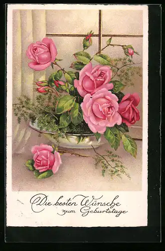 AK Rosa Rosen in einer Schale