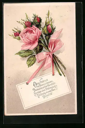 Präge-AK Strauss rosa Rosen mit Schleife