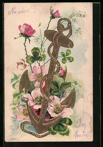 Präge-AK Goldener Anker vor rosa Rosen und Kleeblättern