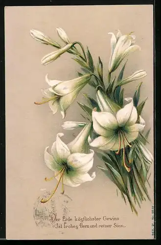 Präge-AK Strauss weisser Lilien mit Sinnspruch