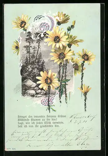 Präge-AK Gelbe Blumen, Landschaft, Grussreim