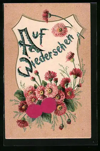 Präge-AK Auf Wiedersehen - Schild mit rosa Blumen