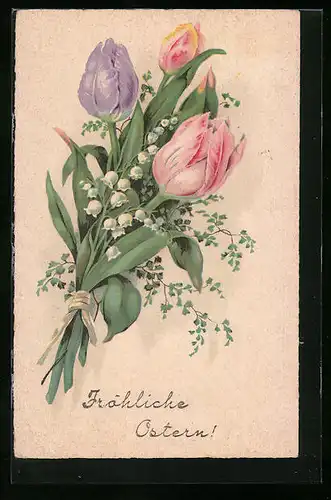 Künstler-AK Tulpen- und Maiglöckchenstrauss - Ostergruss