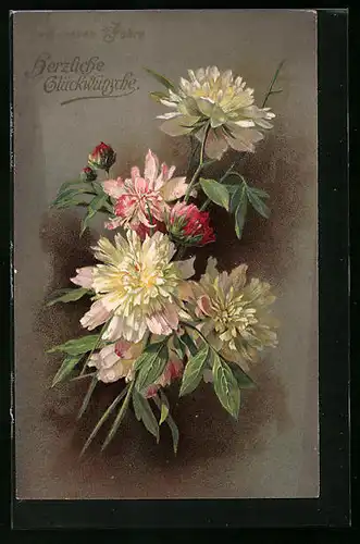 Künstler-AK Rotweisser Blumenstrauss - Glückwunschkarte