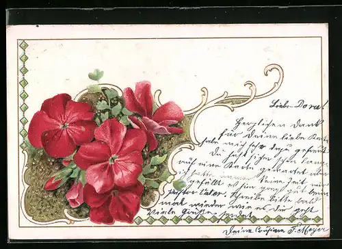 Präge-AK Rote Blüten, Ornamente