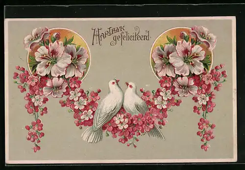 Präge-AK Rosa Blumen und weisses Taubenpaar - Glückwunschkarte