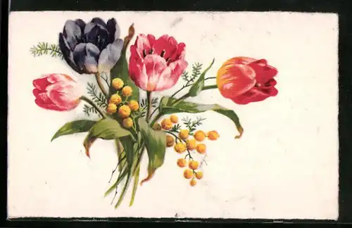 Künstler-AK Bunter Blumenstrauss mit Tulpen