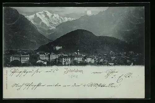 Mondschein-AK Interlaken, Totalansicht mit Bergpanorama