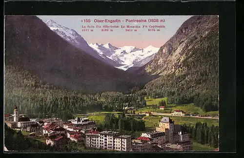 AK Pontresina, Ortsansicht mit Bergpanorama