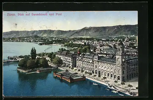 AK Zürich, Blick auf Bauschänzli und Post