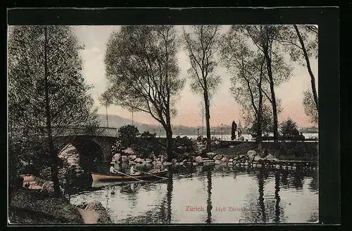 AK Zürich, Uferpartie mit Bootsfahrer