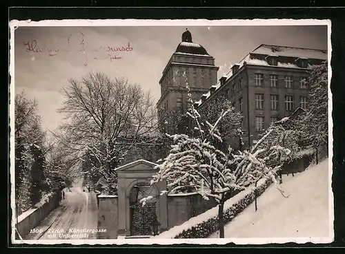 AK Zürich, Künstlergasse mit Universität im Winter