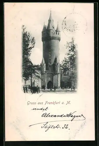 AK Frankfurt a. M., Strassenpartie mit Turm