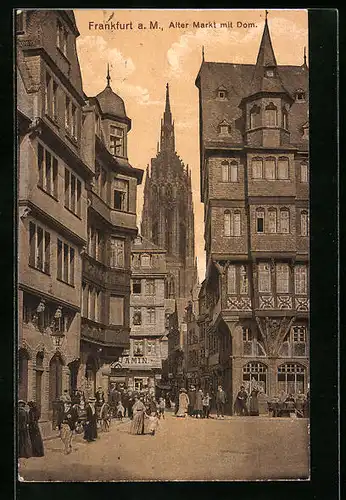 AK Alt-Frankfurt, Alter Markt mit Geschäft und Dom