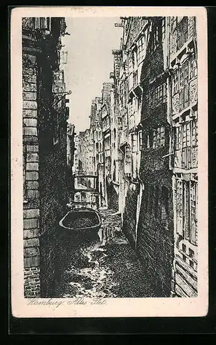 Künstler-AK Alt-Hamburg, Altes Fleet mit Boot