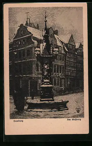 Künstler-AK Hamburg, Am Messberg mit Brunnen im Winter