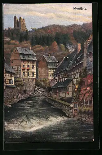 Künstler-AK Montjoie, Partie an der Rur und Ruine Haller