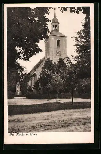 AK Burg, Kirche mit Denkmal