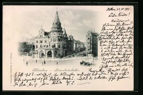 AK München, Strassenpartie am Löwenbräu-Keller mit Passanten