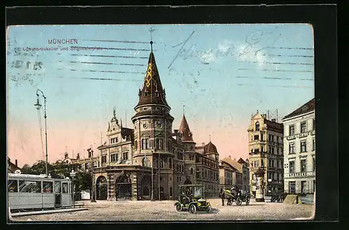 AK München, Stigimaierplatz mit Strassenbahn und Blick auf den Löwenbräu-Keller