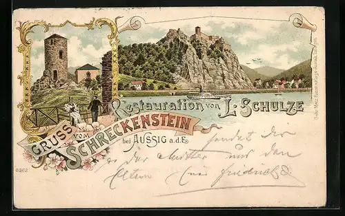Lithographie Aussig, Restaurant von L. Schulze, Burg Schreckenstein