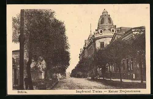 AK Braila, Kaiser Trajanstrasse mit Bäumen