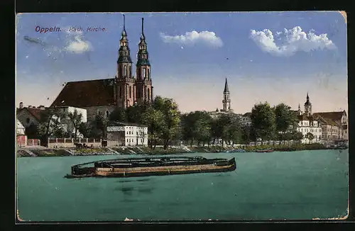 AK Oppeln, Katholische Kirche mit Flusspartie und Lastkahn